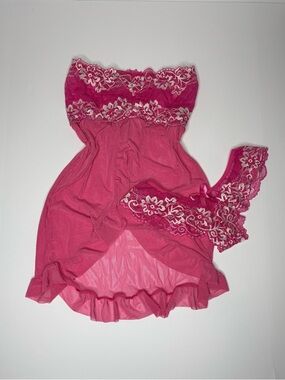 Fairycore Pink Lace Lingerie Set Babydoll Nightgown Sheer Size Small No Tag